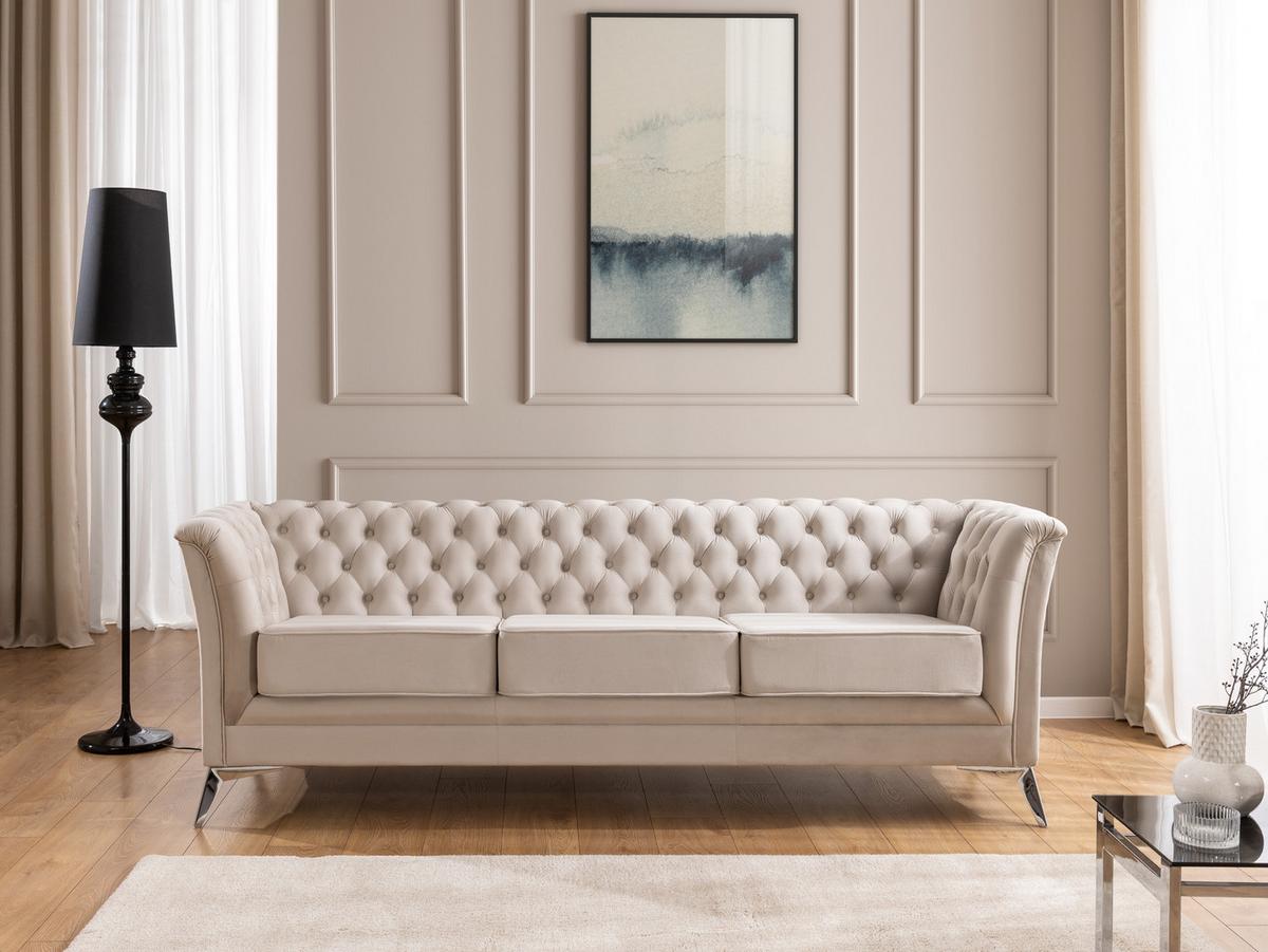 SITZGARNITUR 3+2+1 Chesterfield Whitby Beige Samt mit silbernen Füßen - Beige/Silberfarben, Holz/Textil (237/78/82cm) - S-Style Möbel