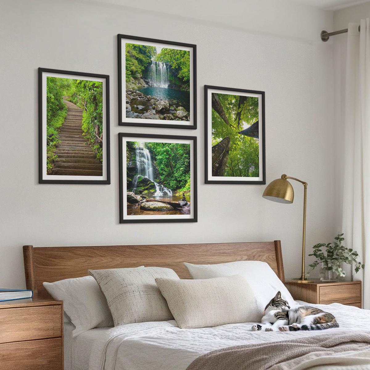 BILDER SET 4er Set - 50x50 cm & 40x60 cm Schwarzer Rahmen - Pfad Wald Wasserfall Vegetation - Schwarz, Kunststoff (50/50cm) - TULUP