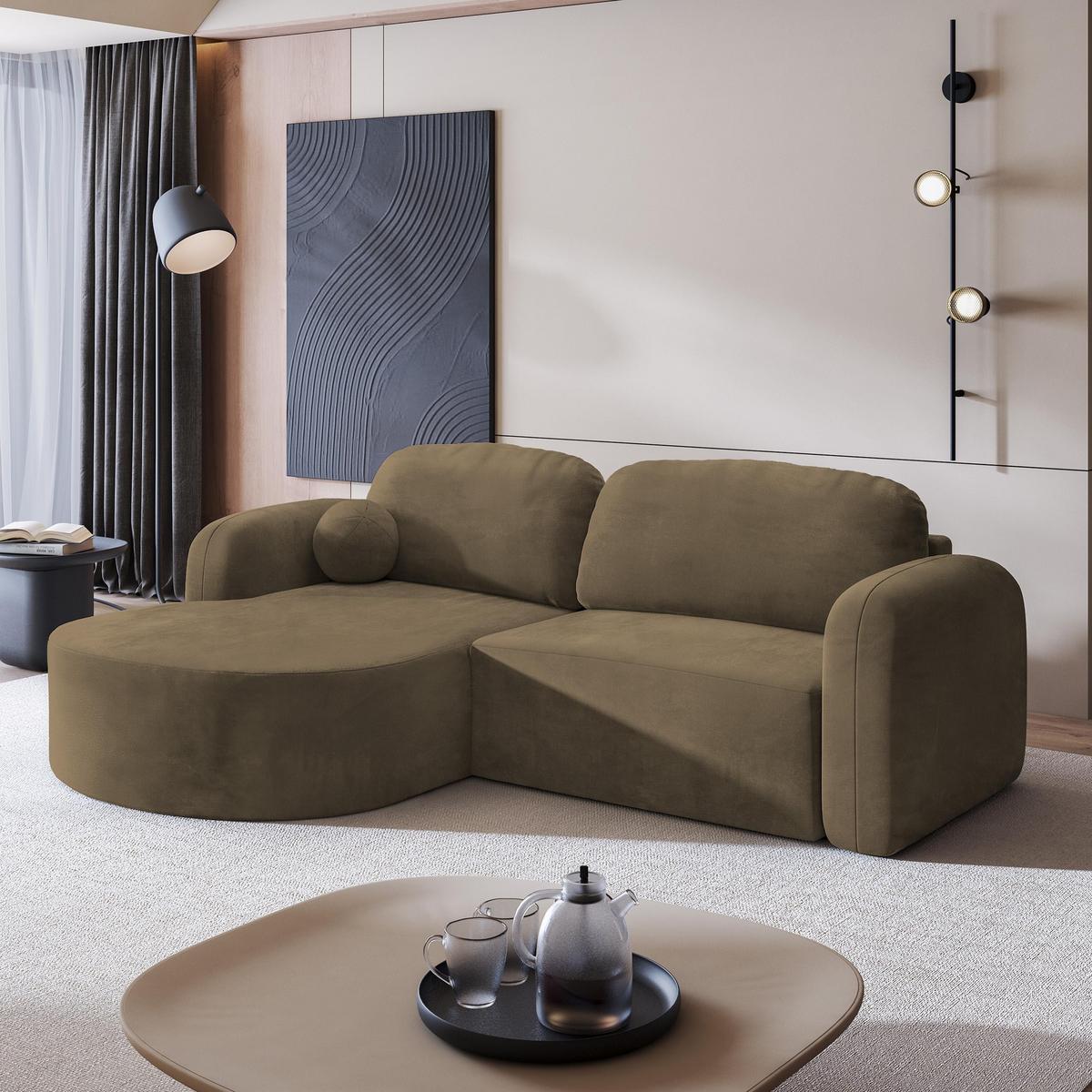 ECKSOFA AMILIA M L-S Beige Velours-Stoff mit Schlaffunktion - Beige, Holz (263/174cm) - MASSENO