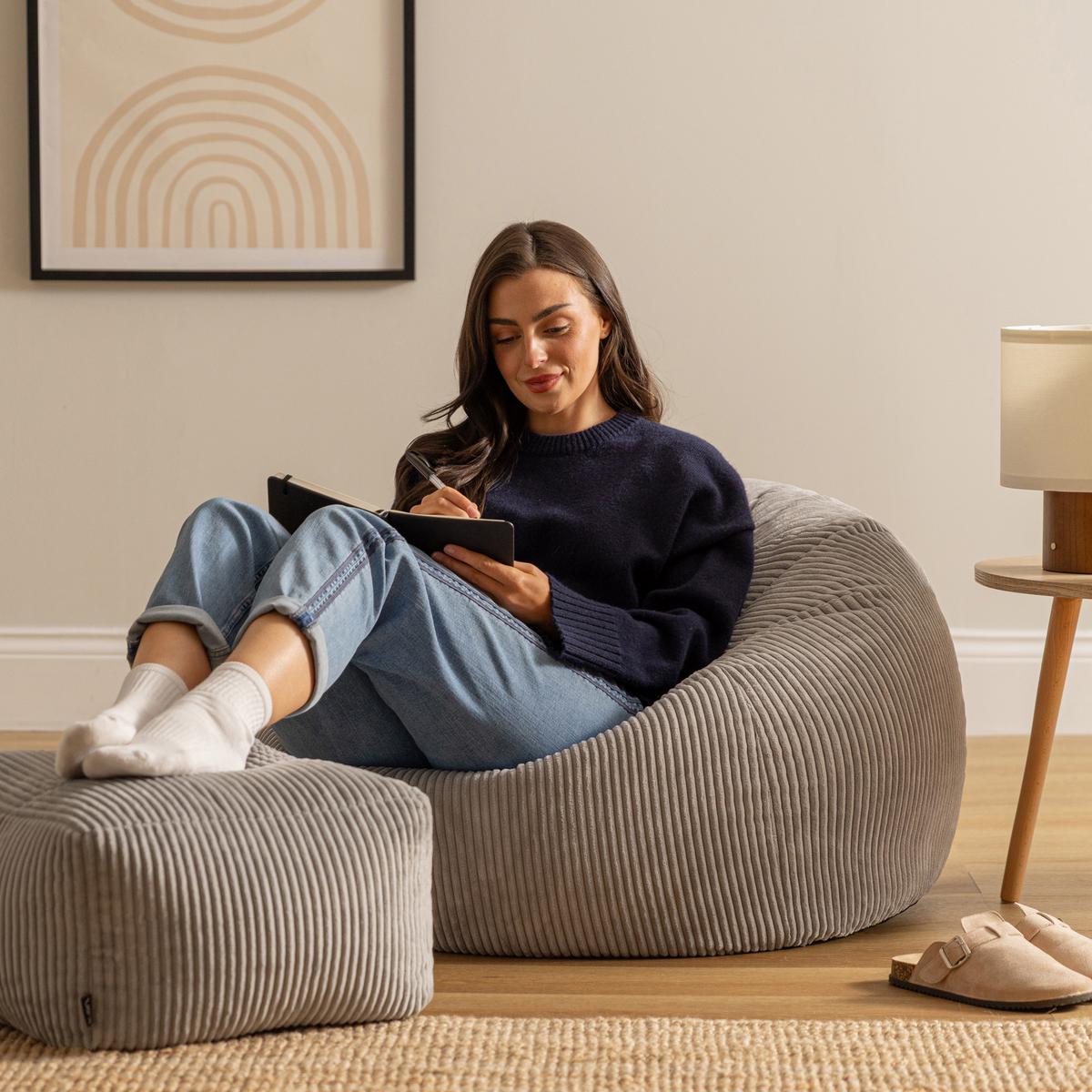 SITZSACK Klassisch + Hocker, Cord - Hellgrau/Grau, Kunststoff/Textil (85/50/85cm) - icon