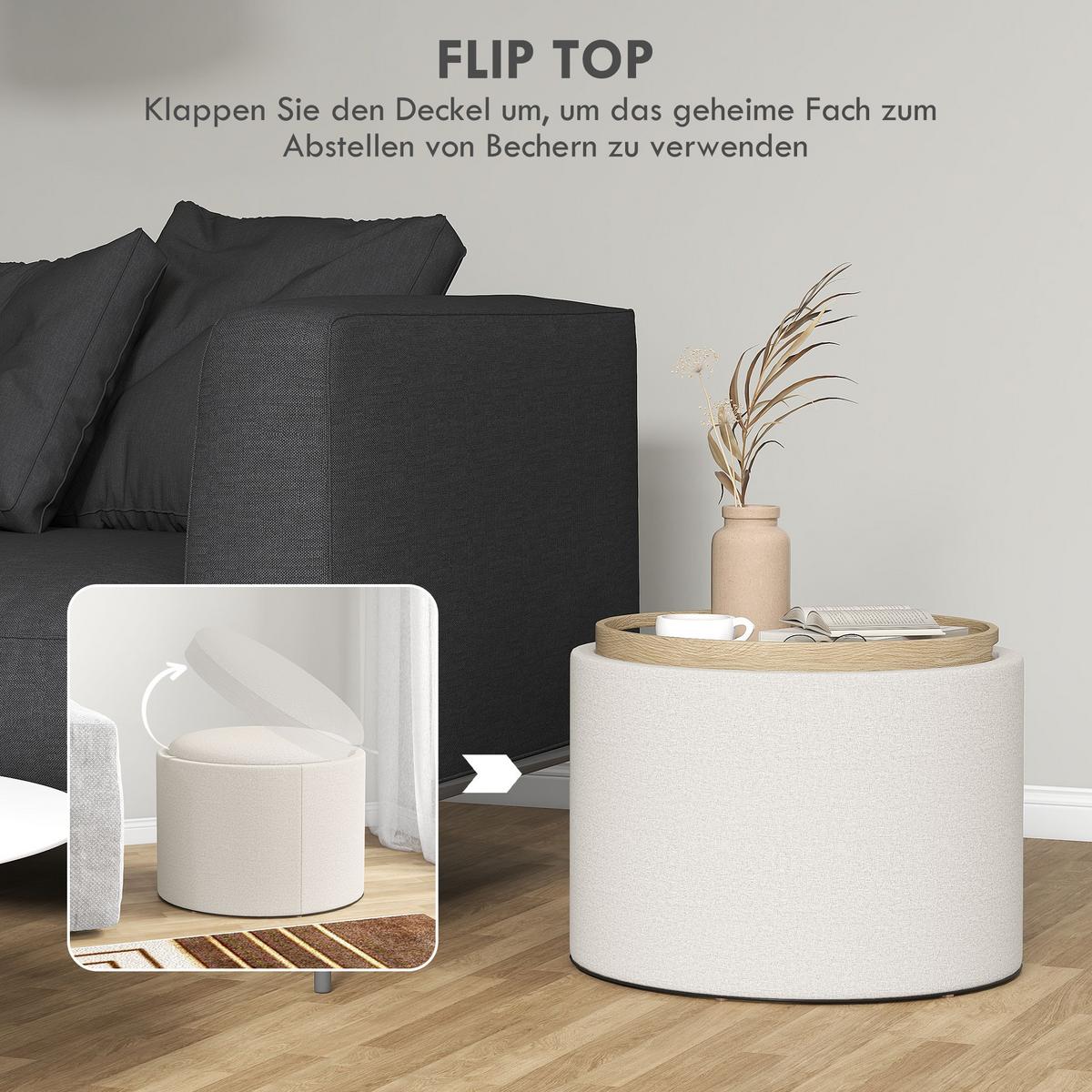 SITZHOCKER Rund mit Polsterung und Stauraum, Klappdeckel, Creme - Creme, Textil (56/42/56cm) - HOMCOM