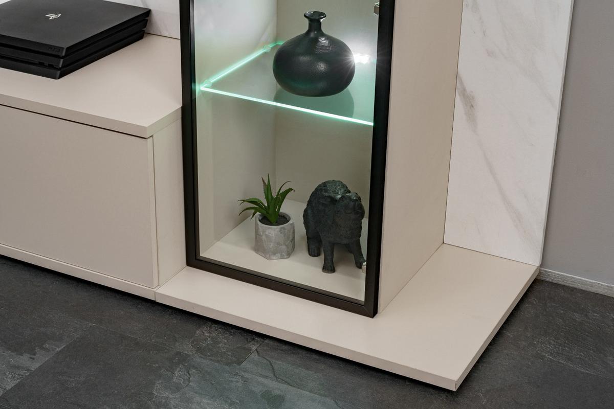 WOHNWAND kaschmir, Marmor weiß 240 cm, Schrankwand mit Wandpaneel, Beleuchtung, Push-to-Open - Kaschmir/Schwarz, Glas/Holzwerkstoff (240/175/45cm) - Inn.Furn