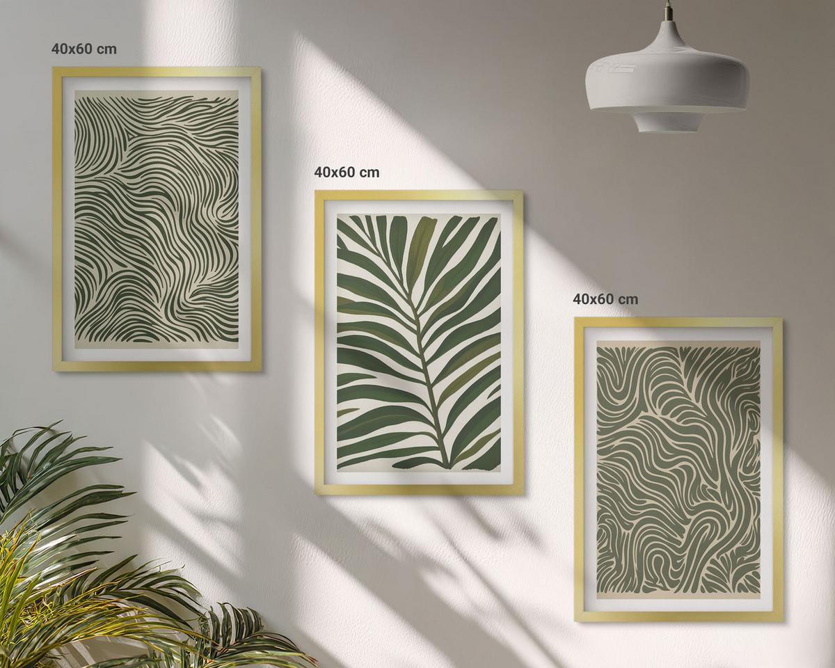 BILDER SET 3er Set - 40x60 cm Goldrahmen - Blattmuster wellenförmige Formen - Goldfarben, Kunststoff (40/60cm) - TULUP