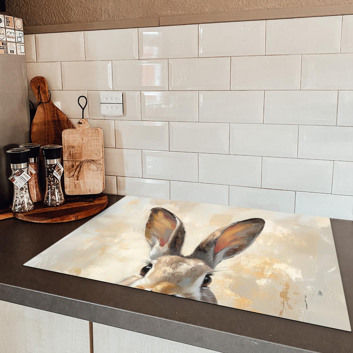 HERDABDECKPLATTE Hase - Ohren - Braun Herdabdeckung Induktionsfeld 75x52 cm - Beige, Kunststoff (75/52/0.2cm) - MuchoWow