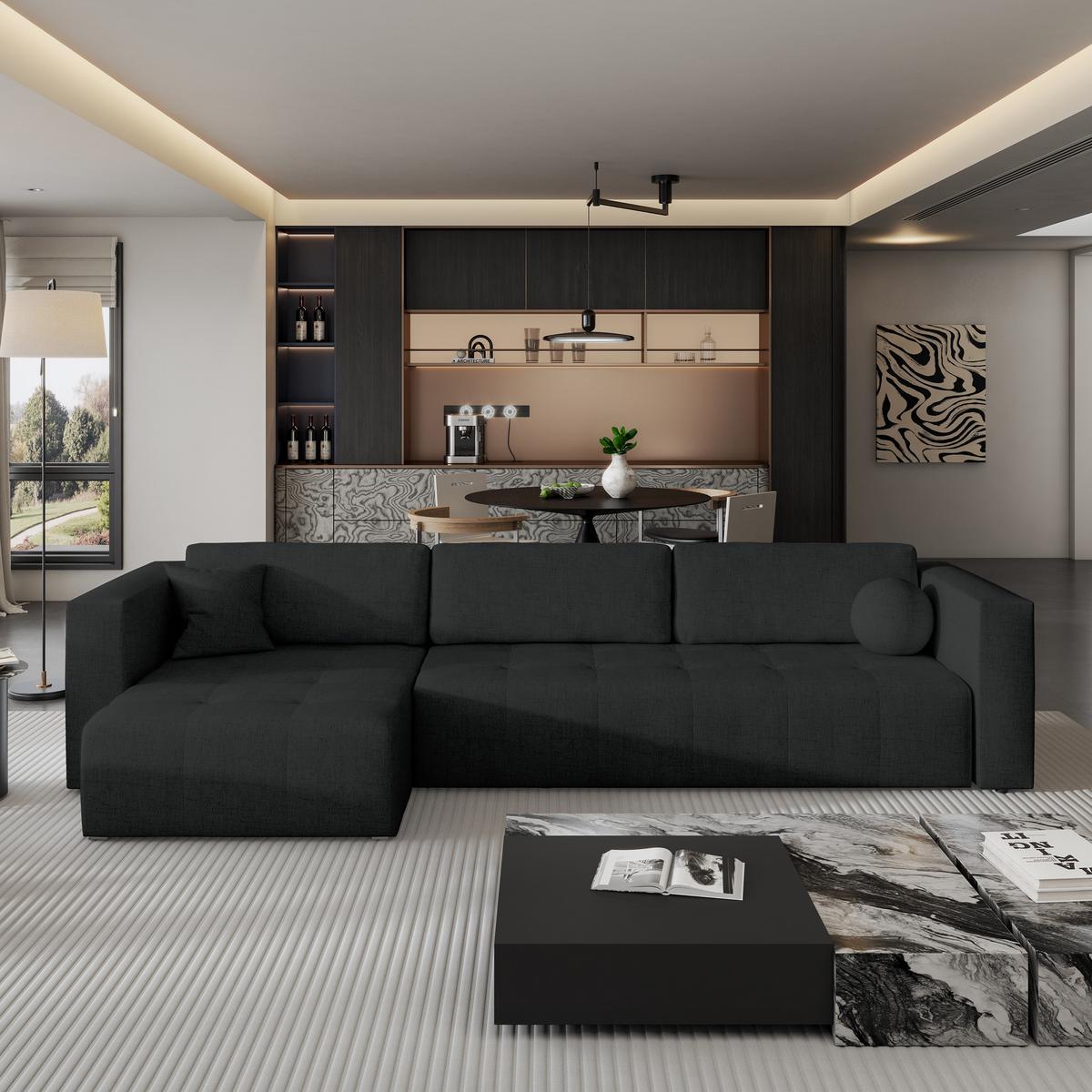 ECKSOFA OLVERA Schwarz Geflochtener Stoff mit Schlaffunktion - Schwarz, Holz (347/148cm) - MASSENO