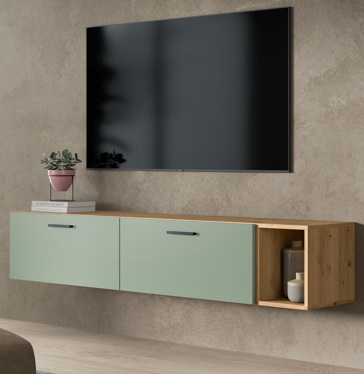 TV-LOWBOARD Grün, Eiche Artisan 176 cm, TV Unterteil hängend / stehend - Schwarz/Eiche Artisan, Holzwerkstoff/Kunststoff (176/32/34cm) - Inn.Furn
