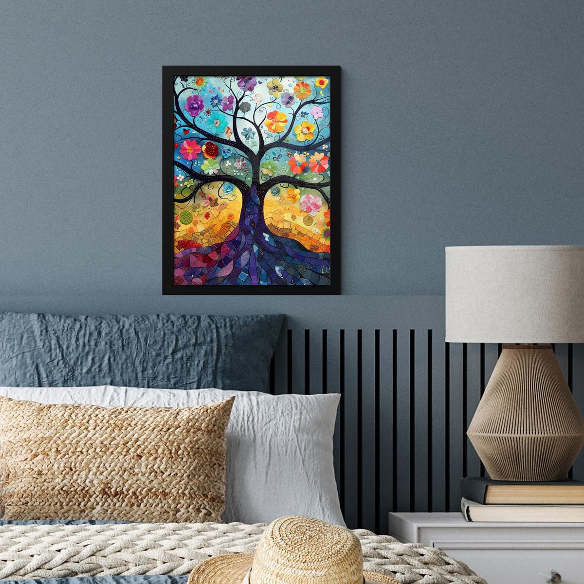 POSTER MIT RAHMENGERAHMTES BILD Kunst - Baum des Lebens - Blumen - Hippie Bilderrahmen 30x40 cm - Dunkelblau, Papier (30/40cm) - MuchoWow