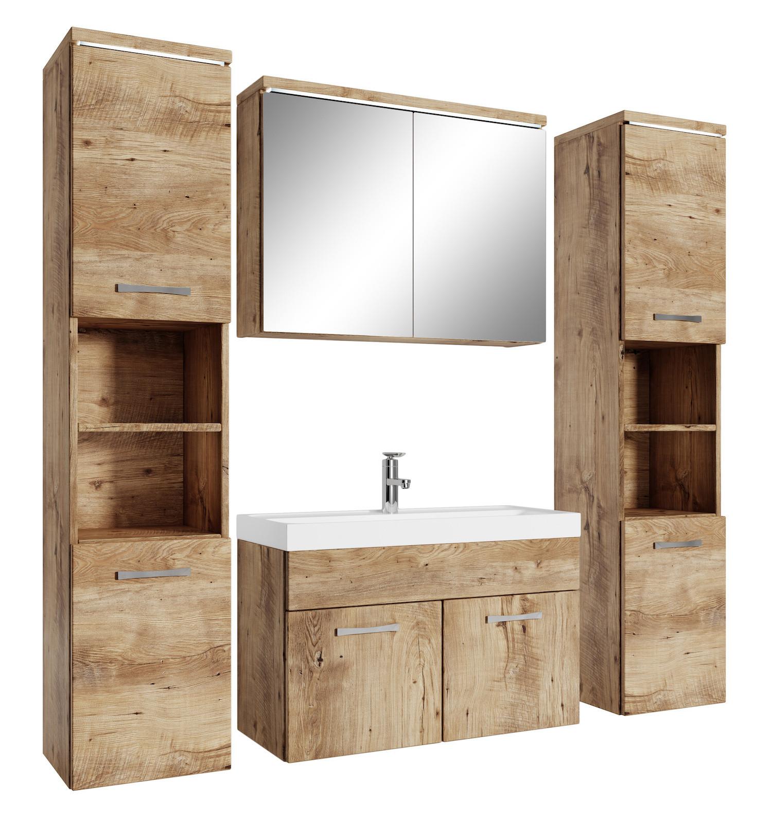 BADMÖBEL-SET Paso LED 5 Teile Kastanien Eiche - 80 x 35 x 55 cm - Kastanienfarben/Eichefarben, Holz (80/55/40cm) - Badplaats