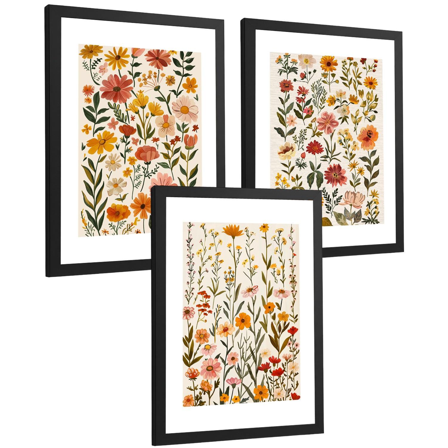 POSTER 3er-Set Wandbilder Wildblumen modern Wohnzimmer Deko, Schlafzimmer, Küche, Badezimmer Schwarzer Rahmen A3 - Schwarz, Papier (29.7/1/42cm) - Nacnic