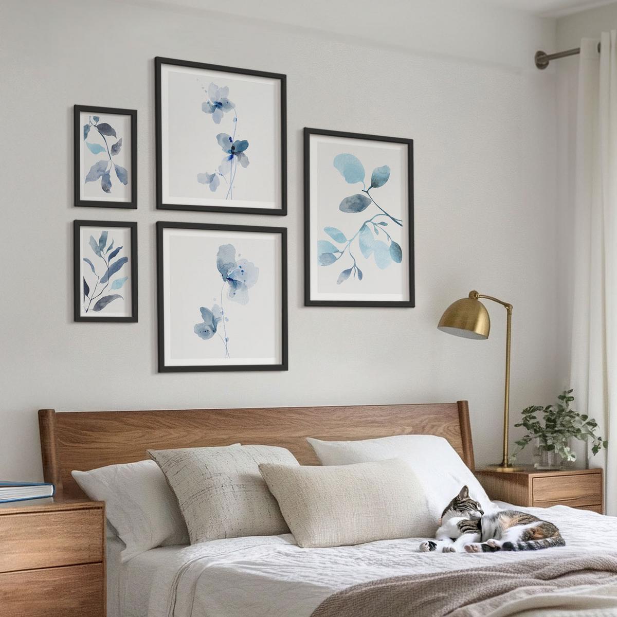 BILDER SET 5er Set - 50x50 cm & 20x30 cm & 40x60 cm Schwarzer Rahmen - Aquarell von blauen Blättern - Schwarz, Kunststoff (40/60cm) - TULUP