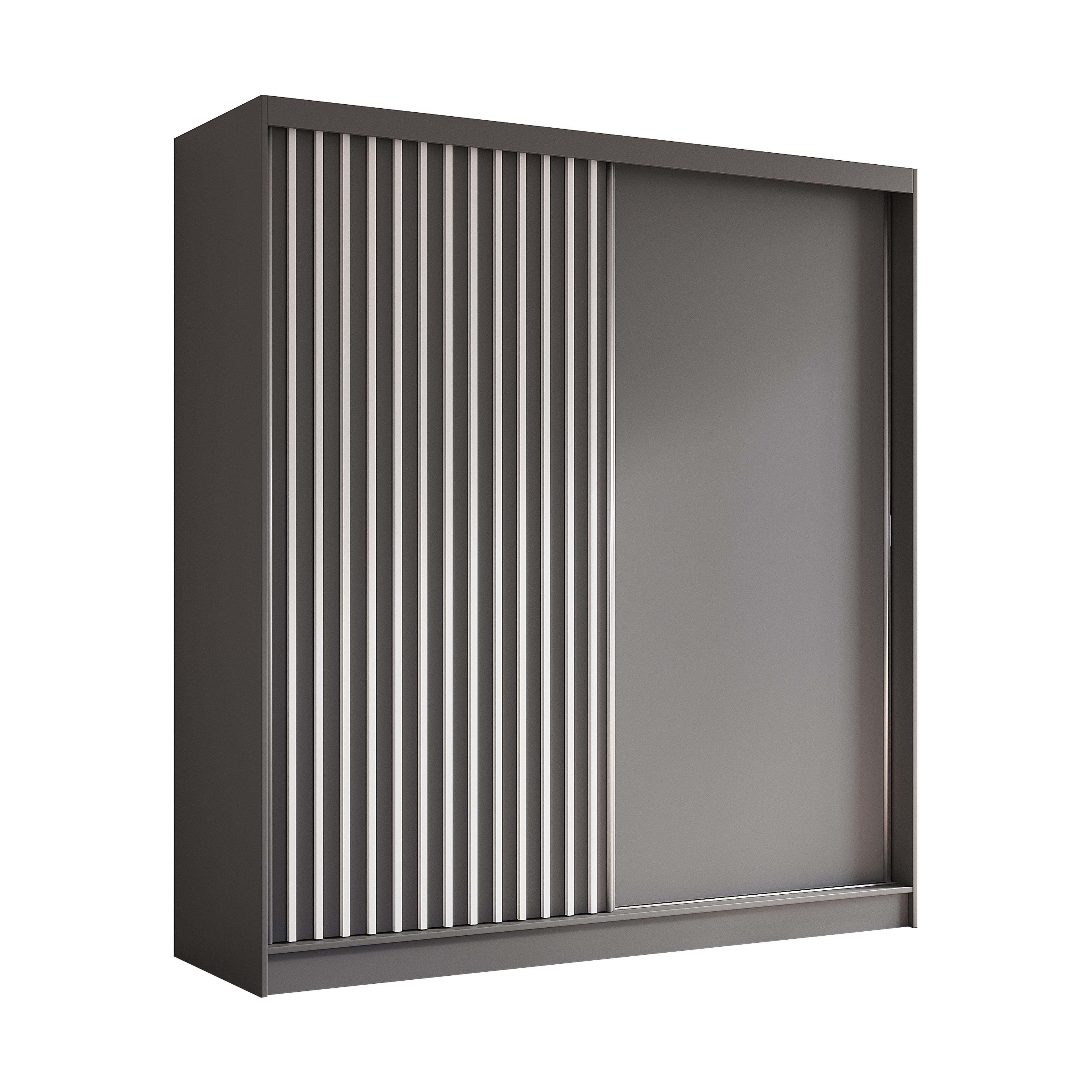 KLEIDERSCHRANK mit furnierten Schiebetüren und Aluminium-Leisten - LABELO - 200 cm Grau+Grau+Weiß - Weiß/Grau, Holzwerkstoff (200/216/61cm) - ALTDECOR