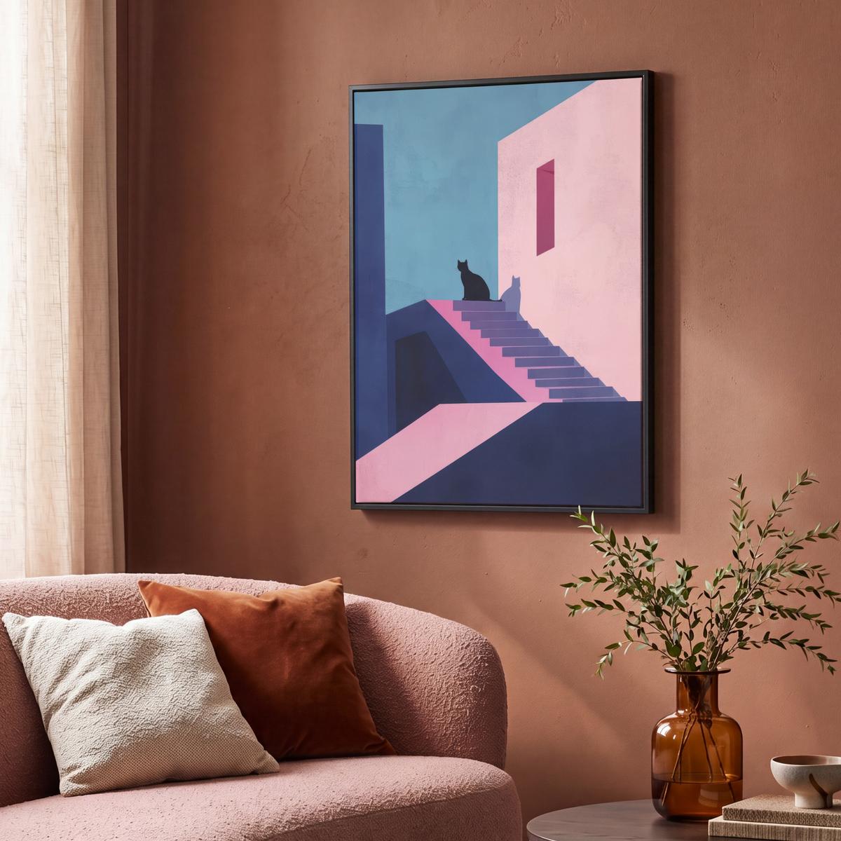 LEINWAND Bilder mit Rahmen - Katze - Treppe - Gebäude - Schattenkontraste - 70x100 - Dunkelblau, Textil (70/100cm) - MuchoWow