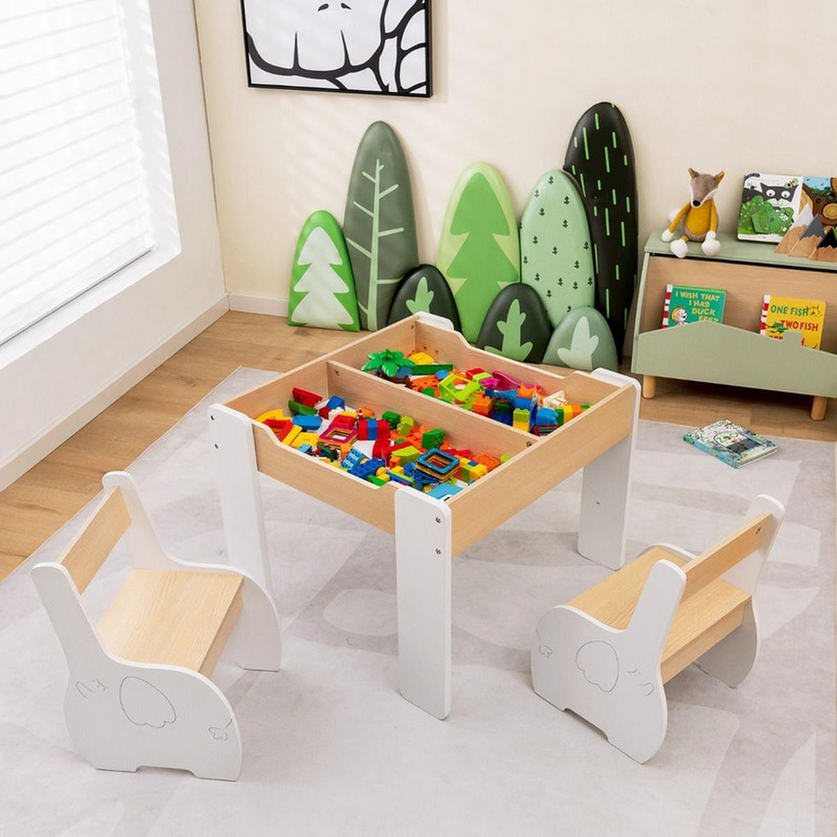 KINDERTISCH mit Stuhl weiß(3-tlg) - Weiß/Naturfarben, Holzwerkstoff (63.5/48/61.5cm) - COSTWAY