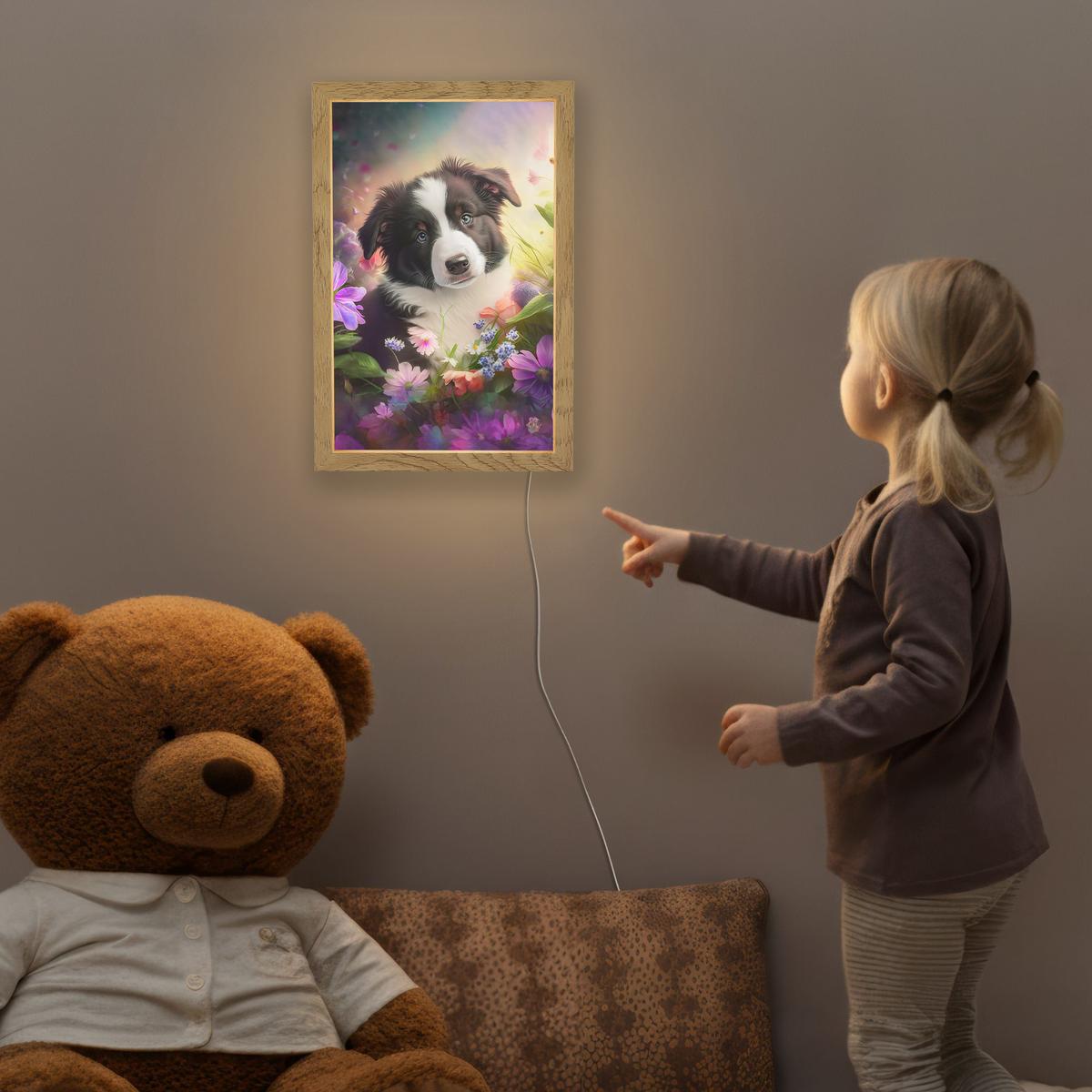 NACHTTISCHLAMPE Welpe - Sonne - Blumen - Natur - Border Collie - Hund 20x30 cm - Violett, Holzwerkstoff (8/20/30cm) - OnlyWow