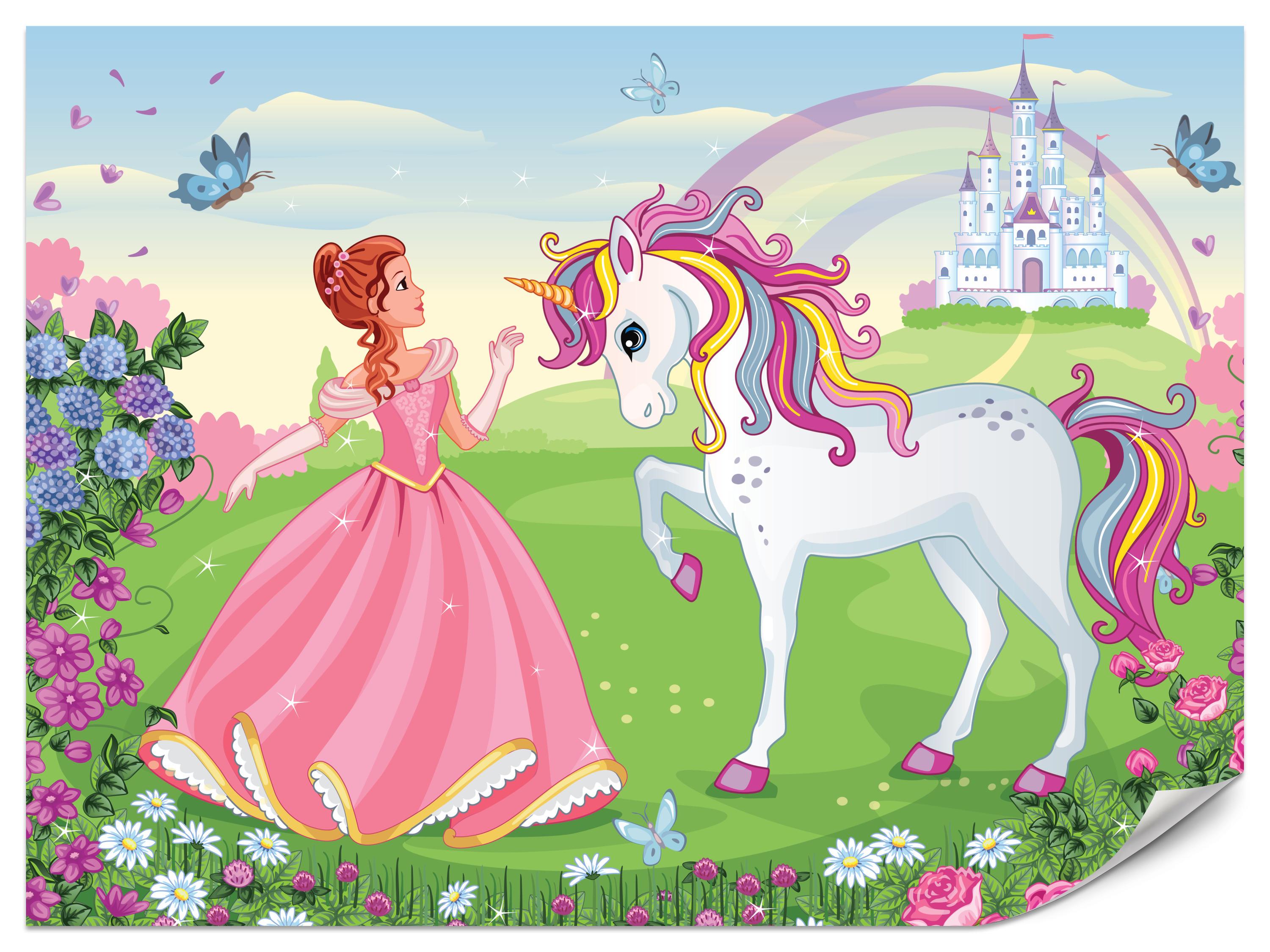 FOTOTAPETE für Kinderzimmer Prinzessin Einhorn Schloss Blumen 250x175 - Blau/Gelb, Papier (250/175cm) - Muralo