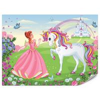 FOTOTAPETE für Kinderzimmer Prinzessin Einhorn Schloss Blumen 250x175 - Blau/Gelb, Papier (250/175cm) - Muralo