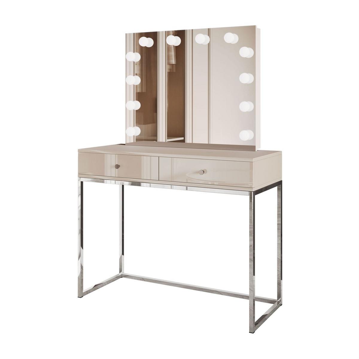 SCHMINKTISCH BLANCO KASCHMIR ELITE mit Spiegel und Beleuchtung silberner Chrom silberner Griff - Ecru, Holzwerkstoff (100/81/42cm) - Lookway