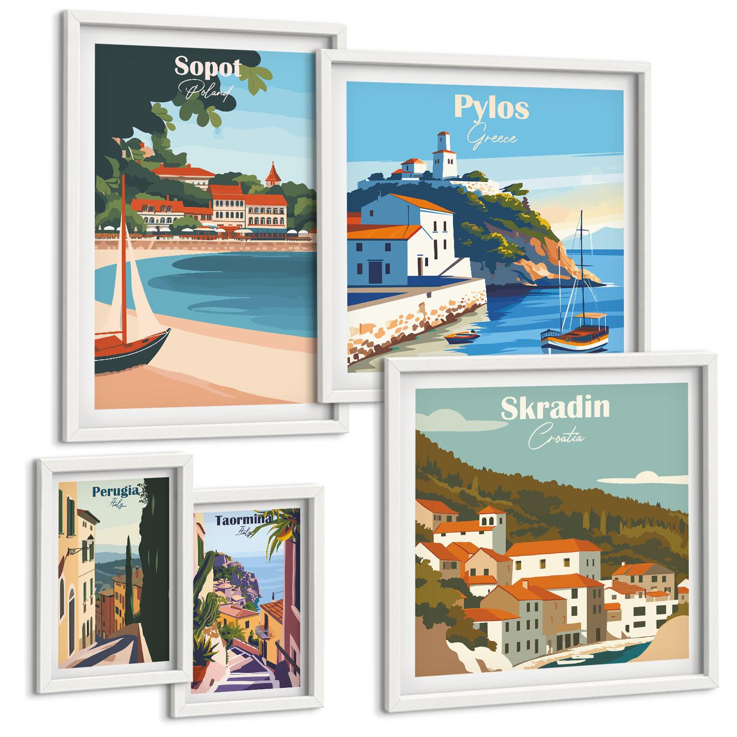 BILDER SET 5er Set - 50x50 cm & 20x30 cm & 40x60 cm Weißer Rahmen - Retro-Landschaften im malerischen Stil - Weiß, Kunststoff (40/60cm) - TULUP