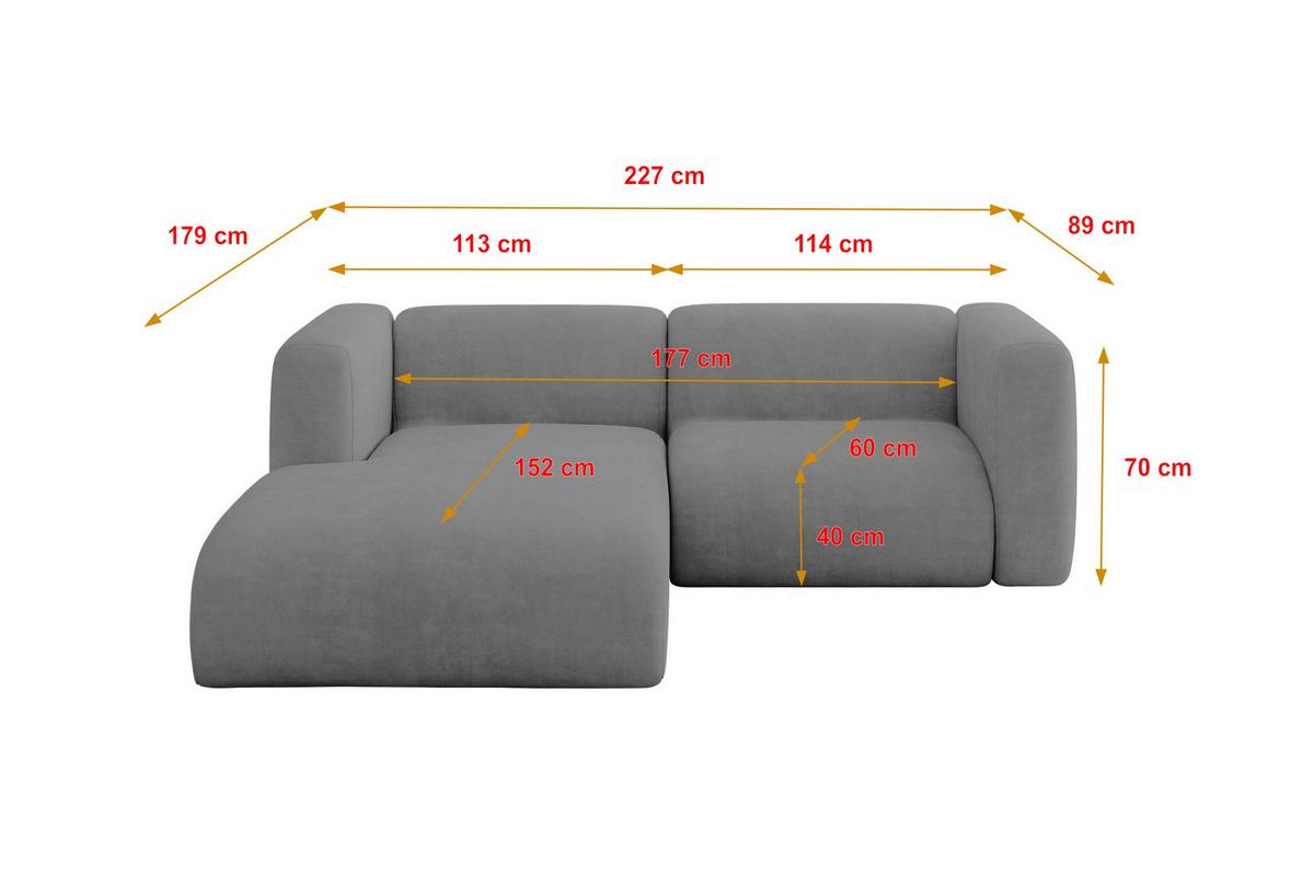 ECKSOFA Ottomane Links MIRA-L1 227x179x89 Grau Velours - Schieferfarben/Schwarz, Holzwerkstoff/Kunststoff (227/179cm) - ALTDECOR