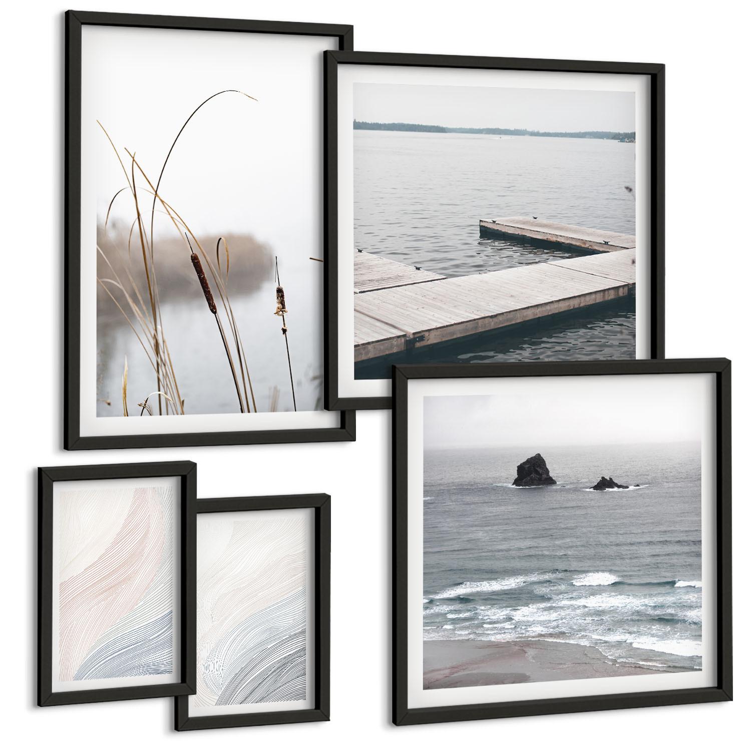BILDER SET 5er Set - 50x50 cm & 20x30 cm & 40x60 cm Schwarzer Rahmen - Abstrakte Pastellwellen - Schwarz, Kunststoff (40/60cm) - TULUP