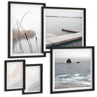 BILDER SET 5er Set - 50x50 cm & 20x30 cm & 40x60 cm Schwarzer Rahmen - Abstrakte Pastellwellen - Schwarz, Kunststoff (40/60cm) - TULUP