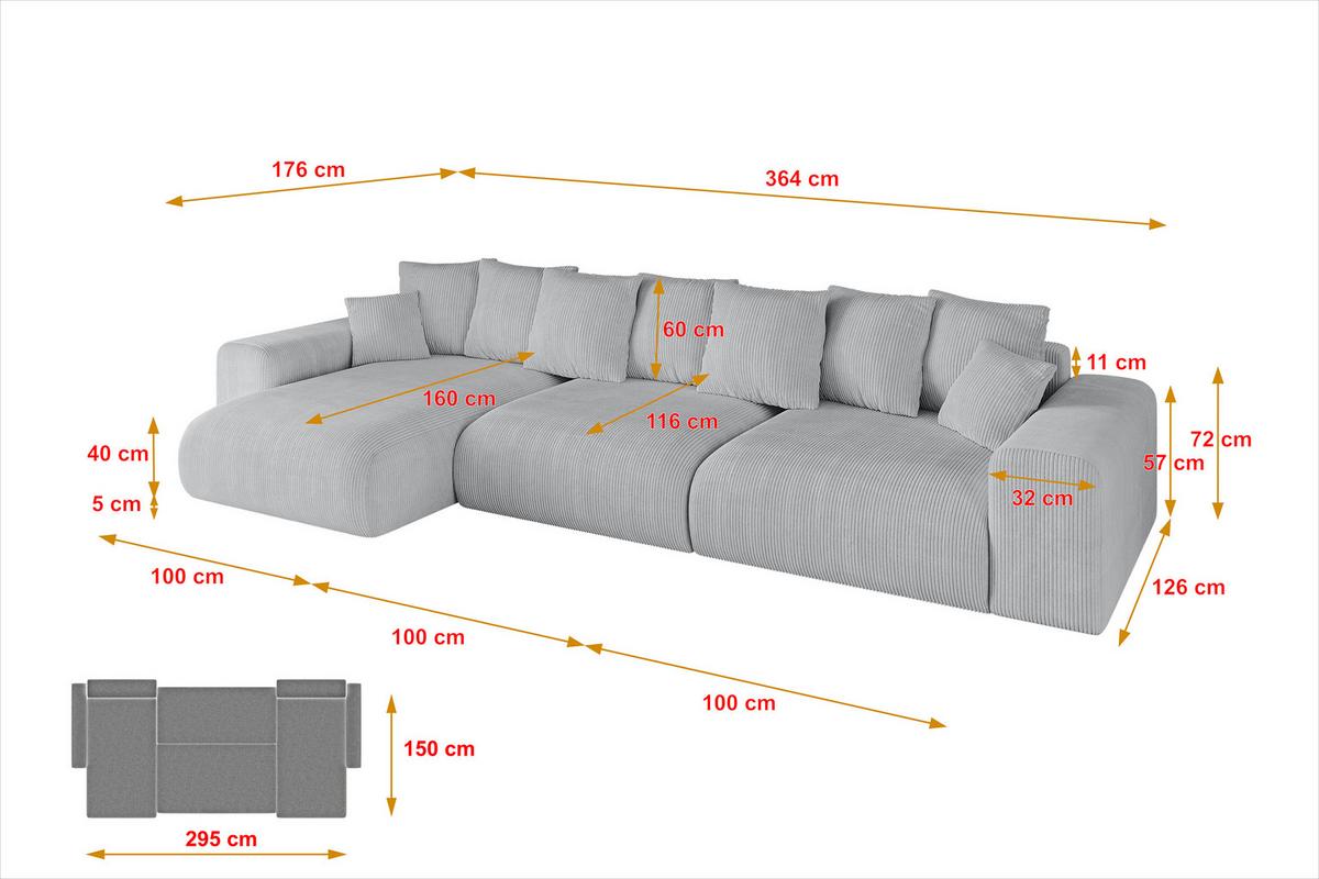 ECKSOFA Ottomane links ESKAR-L2 364x176x72 Grau Cord - Schwarz/Grau, Holzwerkstoff/Kunststoff (364/176cm) - ALTDECOR