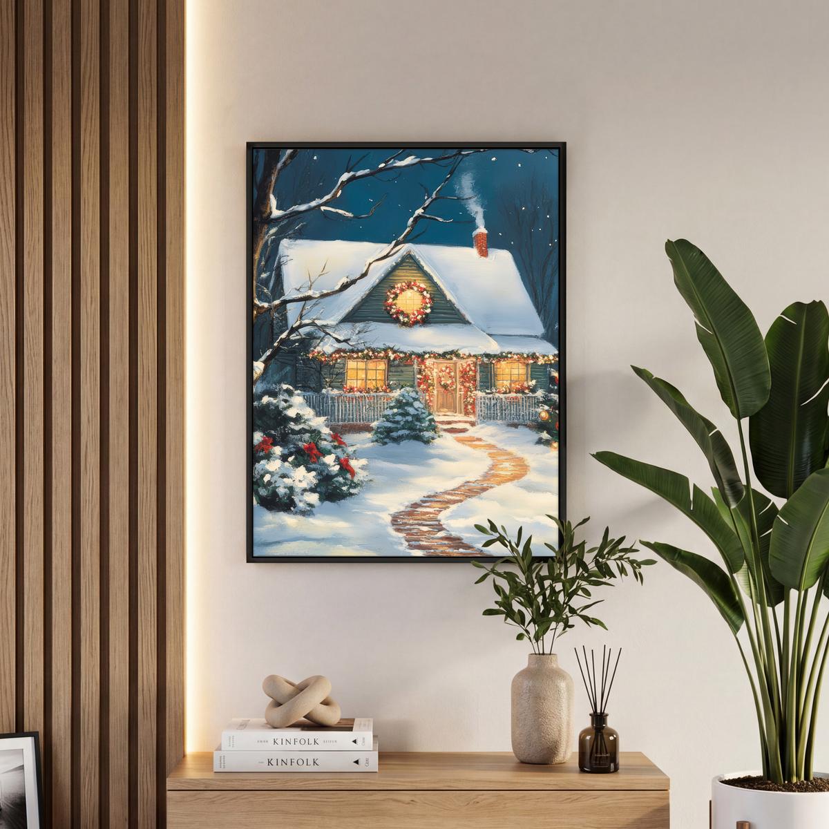 LEINWAND Bilder mit Rahmen - Weihnachten - Weihnachtsbaum - Winter - Zuhause - Schnee - 50x70 - Smaragdgrün, Textil (50/70cm) - MuchoWow