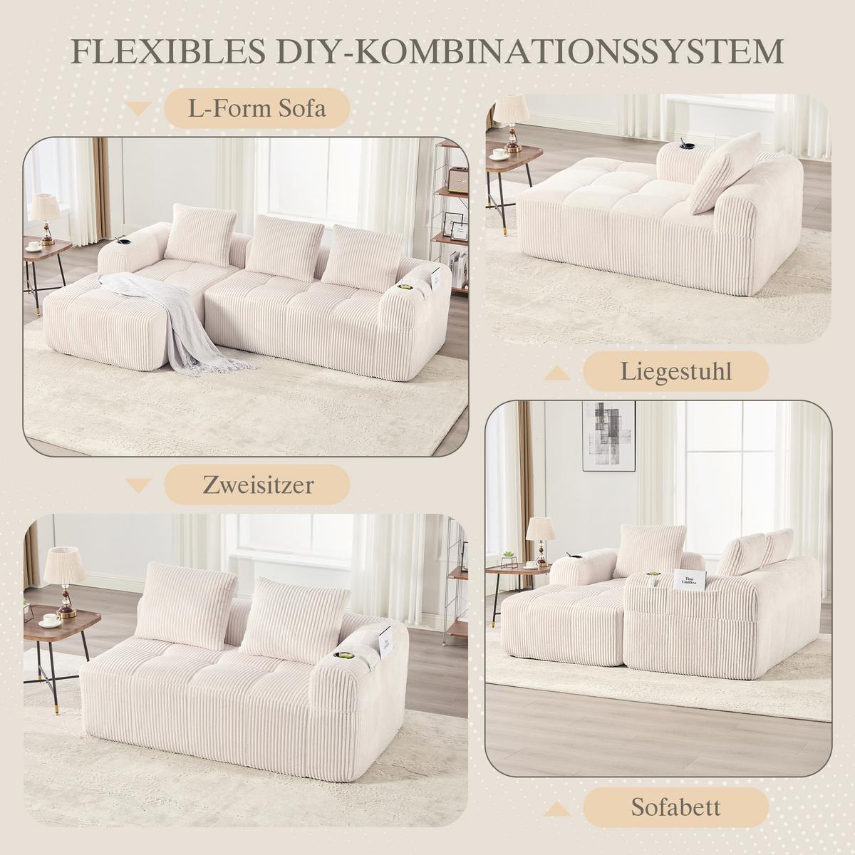 ECKSOFA 3-Sitzer mit Getränkehalter, Seitentaschen & 3 Kissen - Beige, Textil (253/158cm) - Urban Meuble