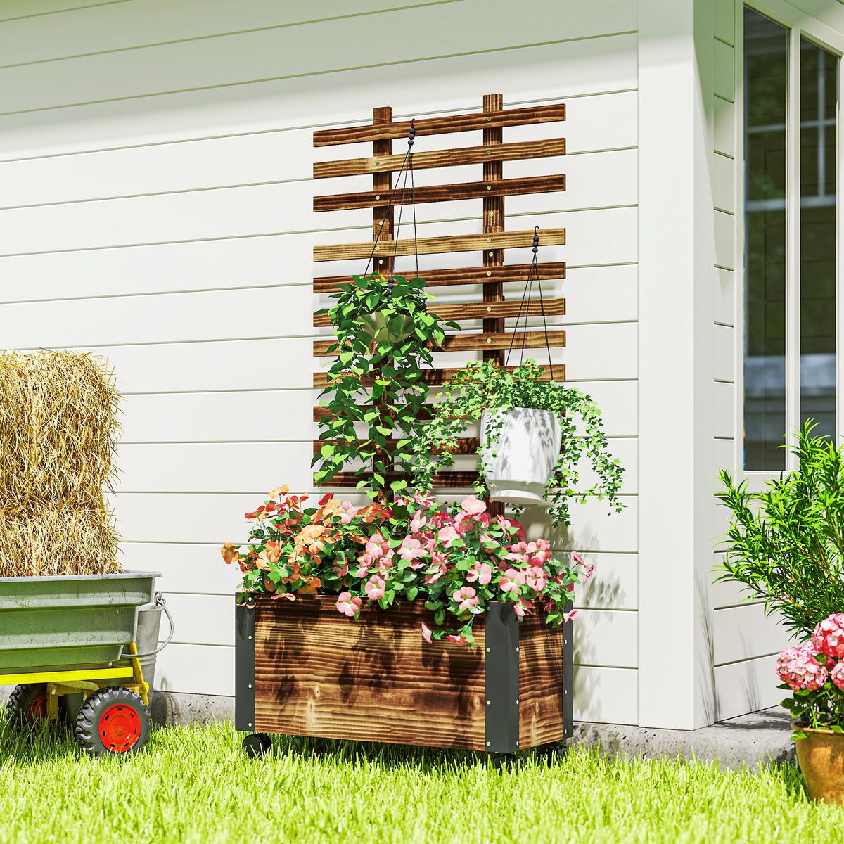 HOCHBEET mit Rankgitter, Blumenkasten mit Rollen, für Kletterpflanzen, Holz, Verkohlt - Dunkelbraun, Holz (31/147/65cm) - Outsunny