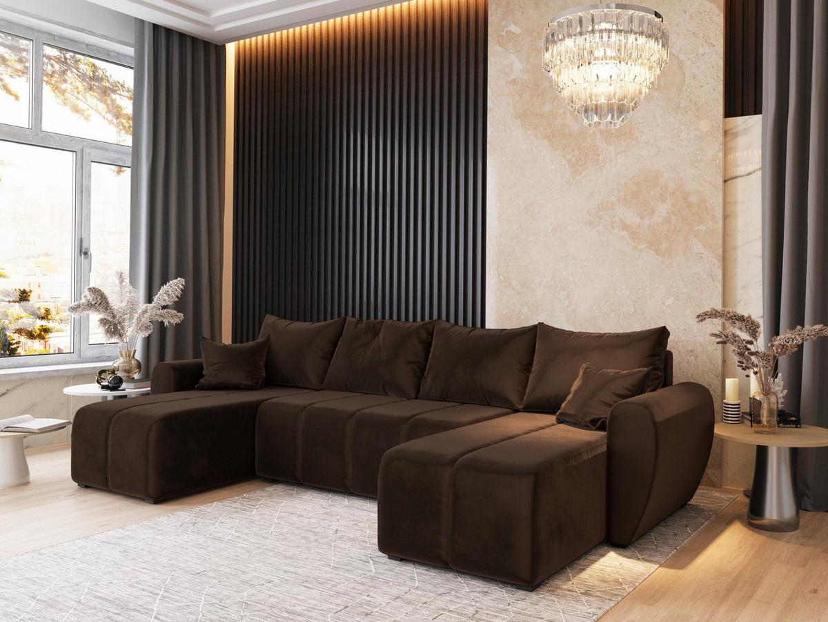 WOHNLANDSCHAFT MADISON U Braun Plüsch-Stoff mit Schlaffunktion - Schwarz/Braun, Holz/Kunststoff (311/82/145cm) - MASSENO