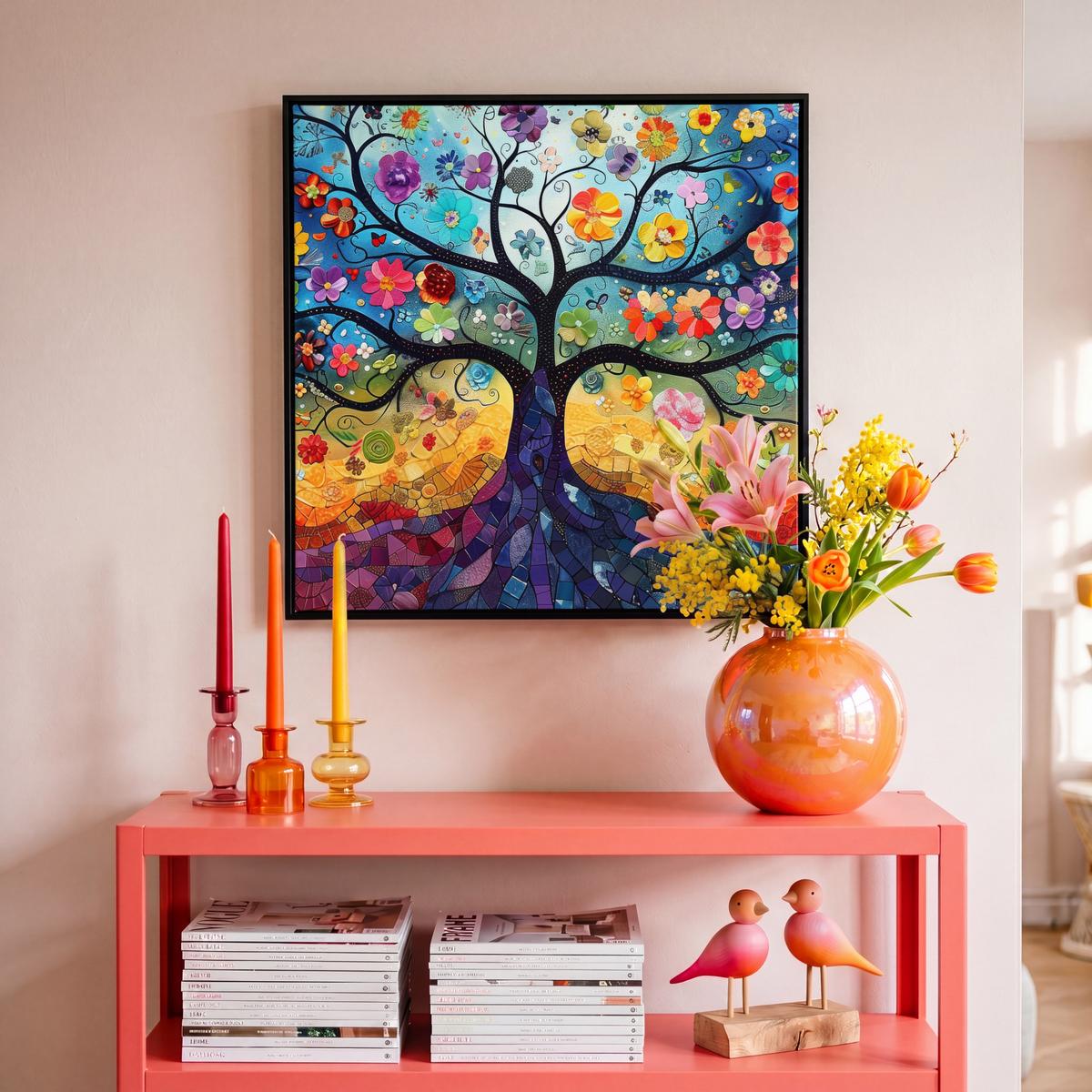 LEINWAND Bilder mit Rahmen - Kunst - Baum des Lebens - Blumen - Hippie - 50x50 - Dunkelblau, Textil (50/50cm) - MuchoWow