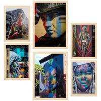 POSTER Set Mit 6 Graffiti Frida Jackson Teresa Einstein Straßenkunst A3 & A4 Rahmen Aus Hellem Holz - Beige, Papier (29/3cm) - Nacnic