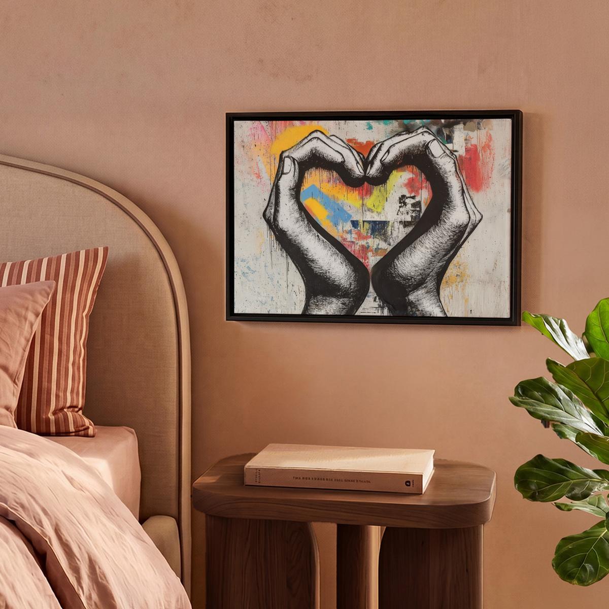 LEINWAND Bilder mit Rahmen - Hände - Herz - Straßenkunst - Graffiti - 40x30 - Multicolor, Textil (40/30cm) - MuchoWow