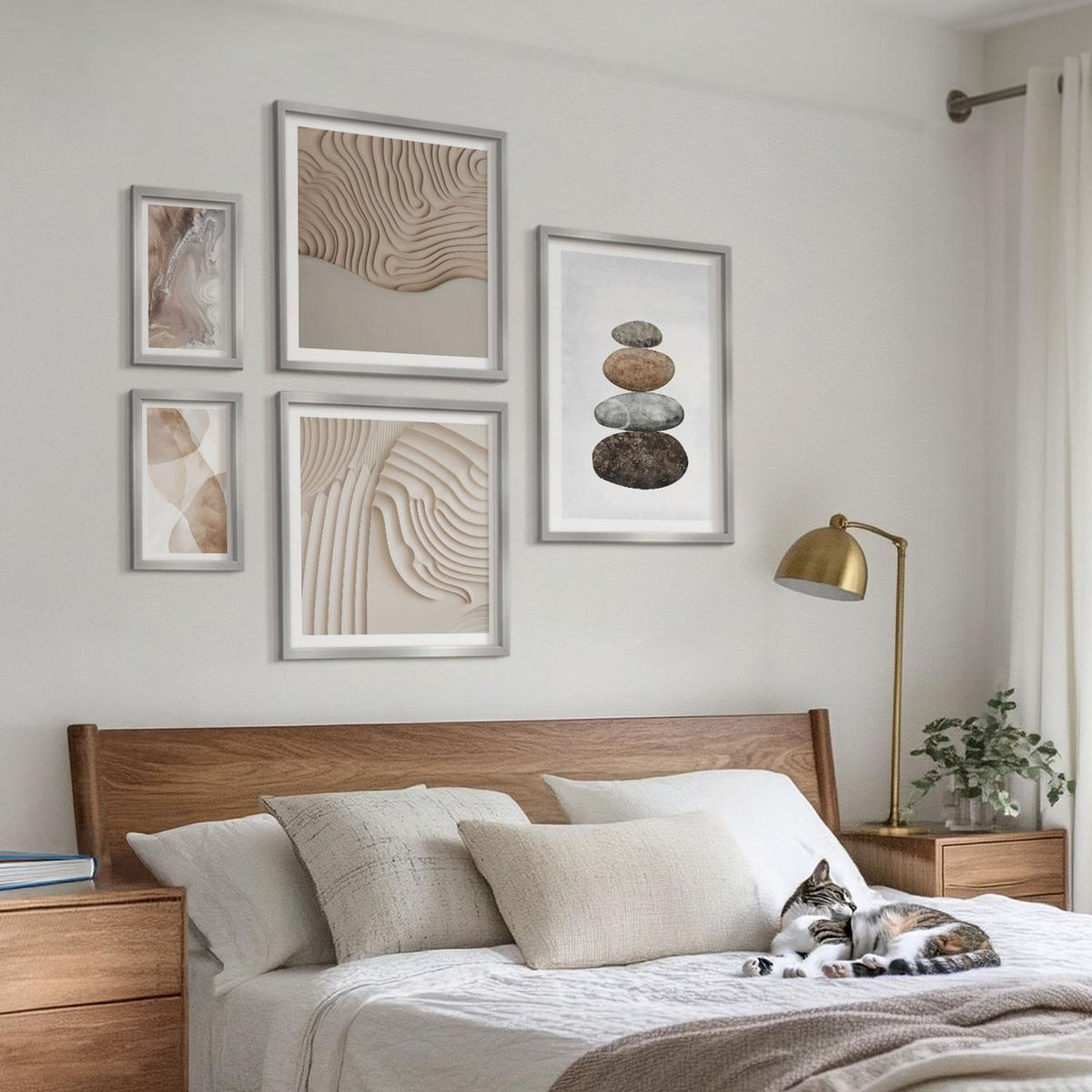 BILDER SET 5er Set - 50x50 cm & 20x30 cm & 40x60 cm Silberner Rahmen - Abstrakte bemalte Strukturen - Silberfarben, Kunststoff (40/60cm) - TULUP