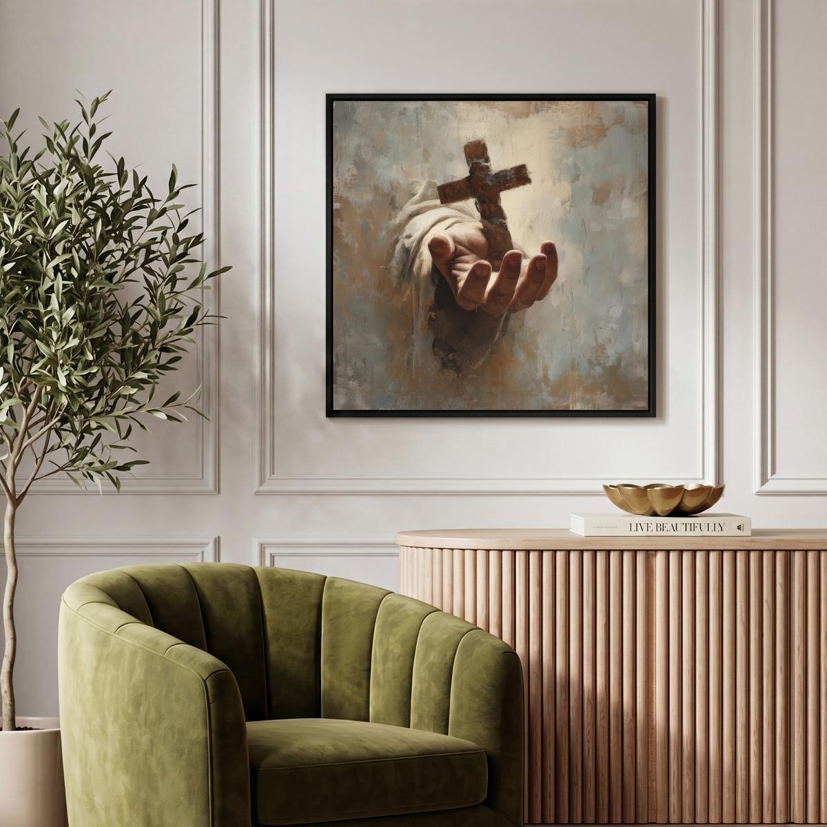 LEINWAND Bilder mit Rahmen - Abstrakt - Kreuz - Hand - Christentum - 50x50 - Hellbraun, Textil (50/50cm) - MuchoWow