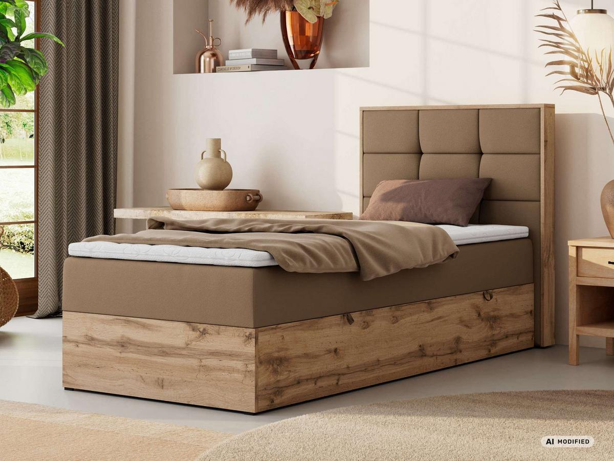 BOXBETT ALBERO 1 90/200 - Braun Kunstleder - Topper T25 - H3 - Rechts - Schwarz/Braun, Kunststoff/Textil (90/200cm) - MKS