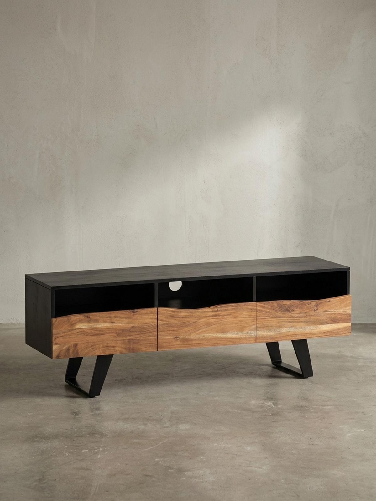 LOWBOARD Akazie Massivholz Modern Stil 140x50x40 cm Baumkante mit Schublade und Türen - Schwarz, Holz/Metall (140/50/40cm) - KADIMA DESIGN