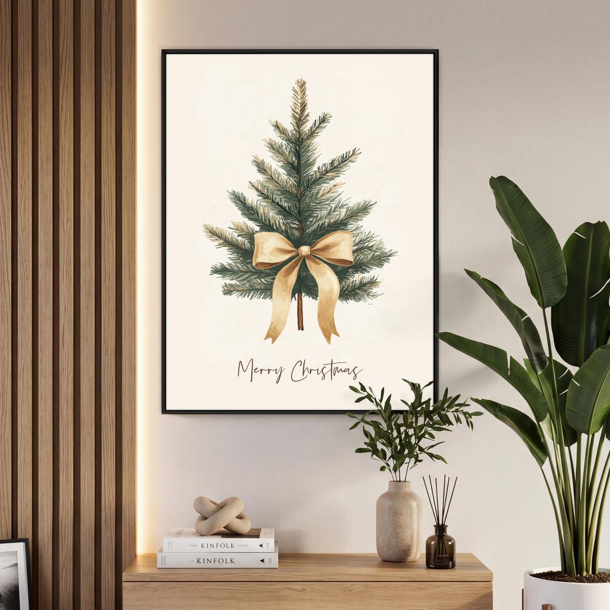 LEINWAND Bilder mit Rahmen - Weihnachtsbaum - Weihnachten - Frohe Weihnachten - Beige - 70x100 - Sandfarben, Textil (70/100cm) - MuchoWow