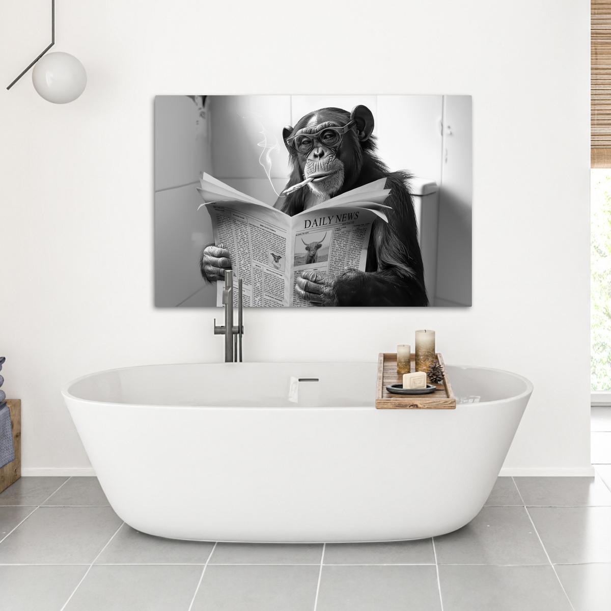 LEINWANDBILD Affe - WC - Zeitung - Schwarz-Weiß - Humor Wohnzimmer Groß 120x80 cm - Hellgrau, Textil (120/80cm) - MuchoWow