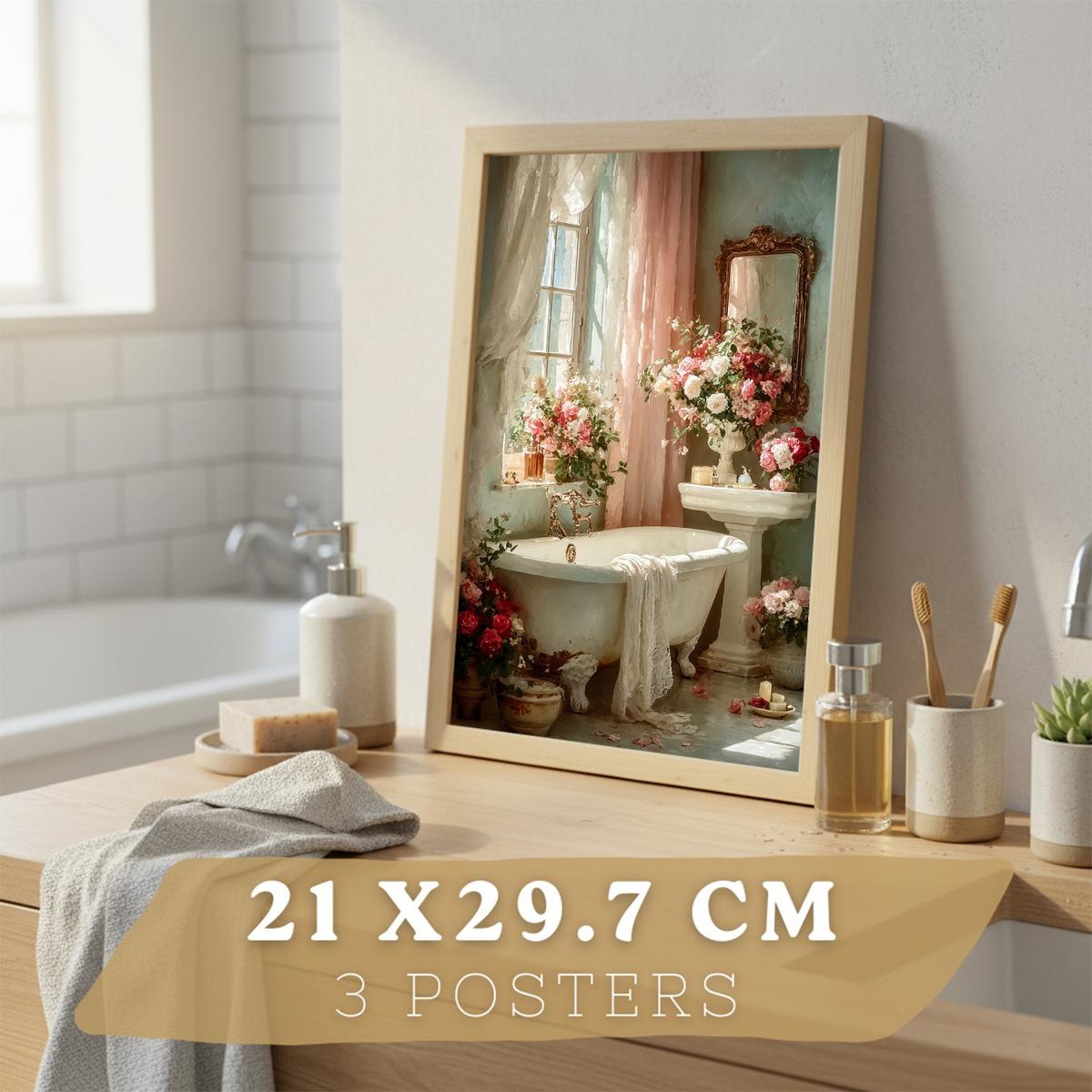 POSTER 3er-Set dekorative Badezimmerdrucke, romantischer Stil, Bilder mit Rosen Badewanne und Parfums, Blumenposter, Leichter Holzrahmen A4 - Beige, Papier (29.7/21/3cm) - Nacnic