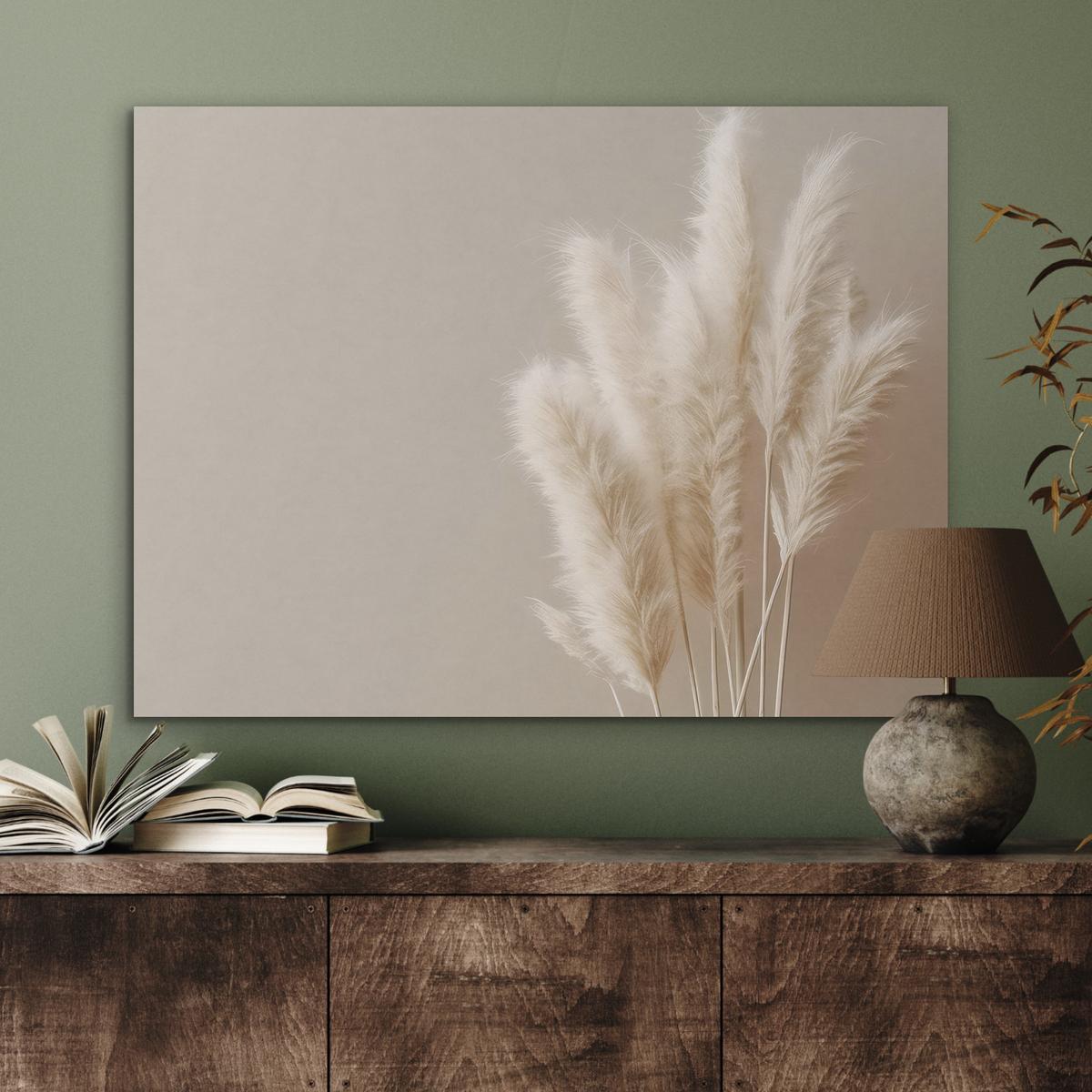 AKUSTIKBILD Pampasgras - Federn - Pastell - Weiß Gemälde 80x60 cm - Naturfarben, Kunststoff (80/60/0.9cm) - MuchoWow