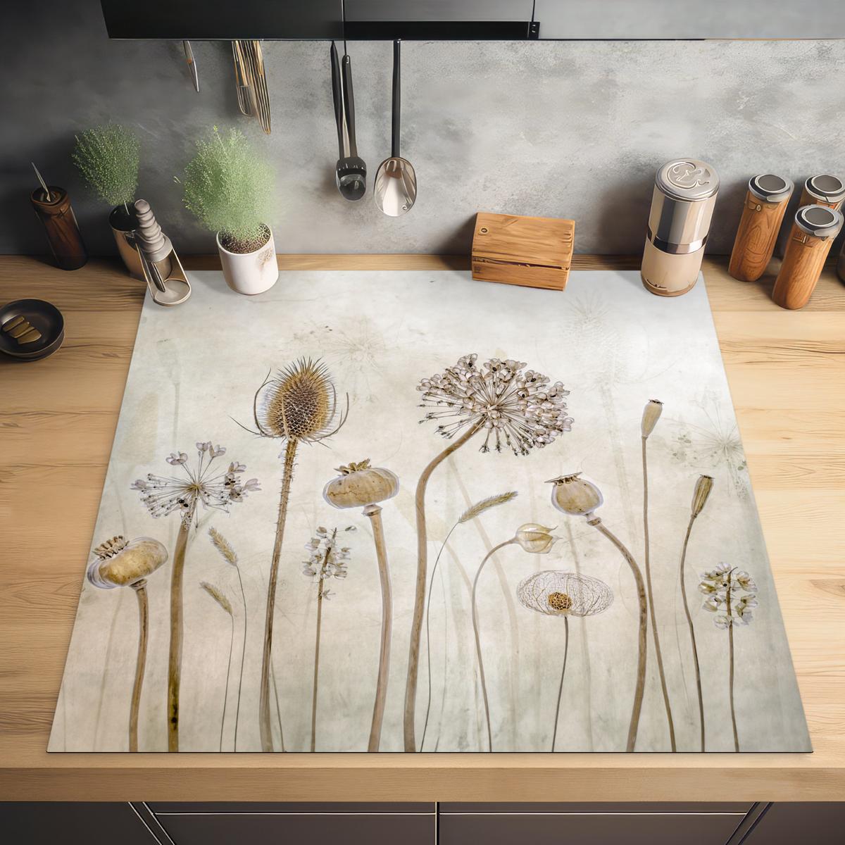 HERDABDECKPLATTE Blumen - Aquarell - Stilleben - Braun - Vintage Induktionsmatte 78x78 cm - Sandfarben, Kunststoff (78/78/0.2cm) - MuchoWow