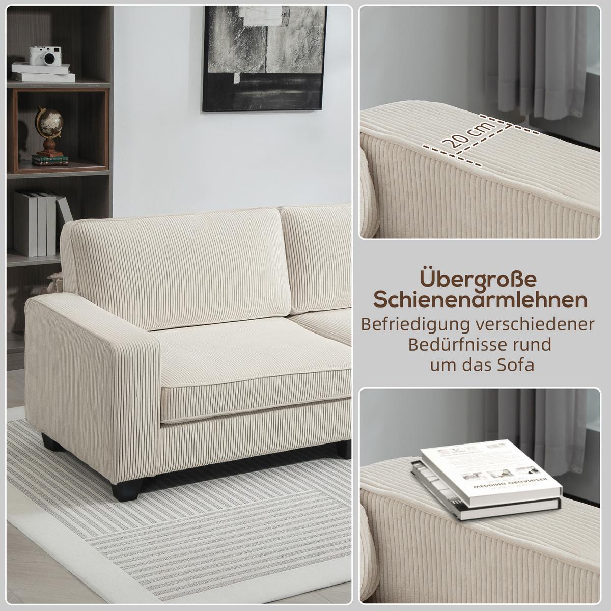 3-SITZER Sofa mit Cordbezug, Wohnzimmersofa mit Federkern, bis 400 kg, Cremeweiß - Creme/Schwarz, Kunststoff/Textil (84/87/227cm) - HOMCOM