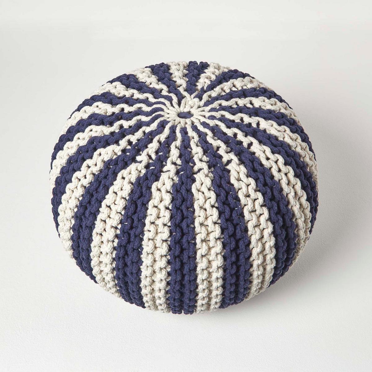 STRICKPOUF rund, marine-creme gestreift, 40/40/35 cm - Dunkelblau, Textil (40/35/40cm) - Homescapes