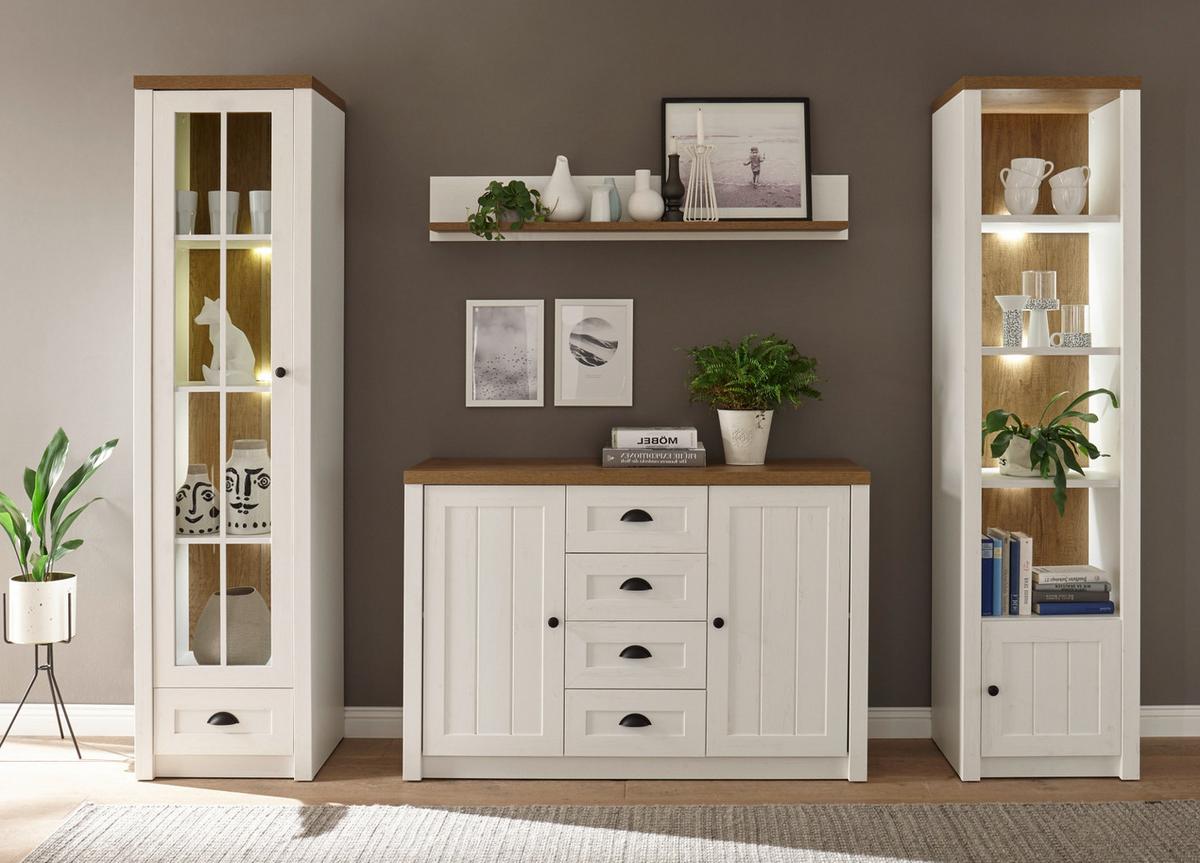 WOHNWAND weiß Pinie, Eiche hell 4-teilig 270 cm, Wohnkombination Landhaus-Stil - Eichefarben/Schwarz, Holzwerkstoff/Kunststoff (270/198/43cm) - Furn.Design