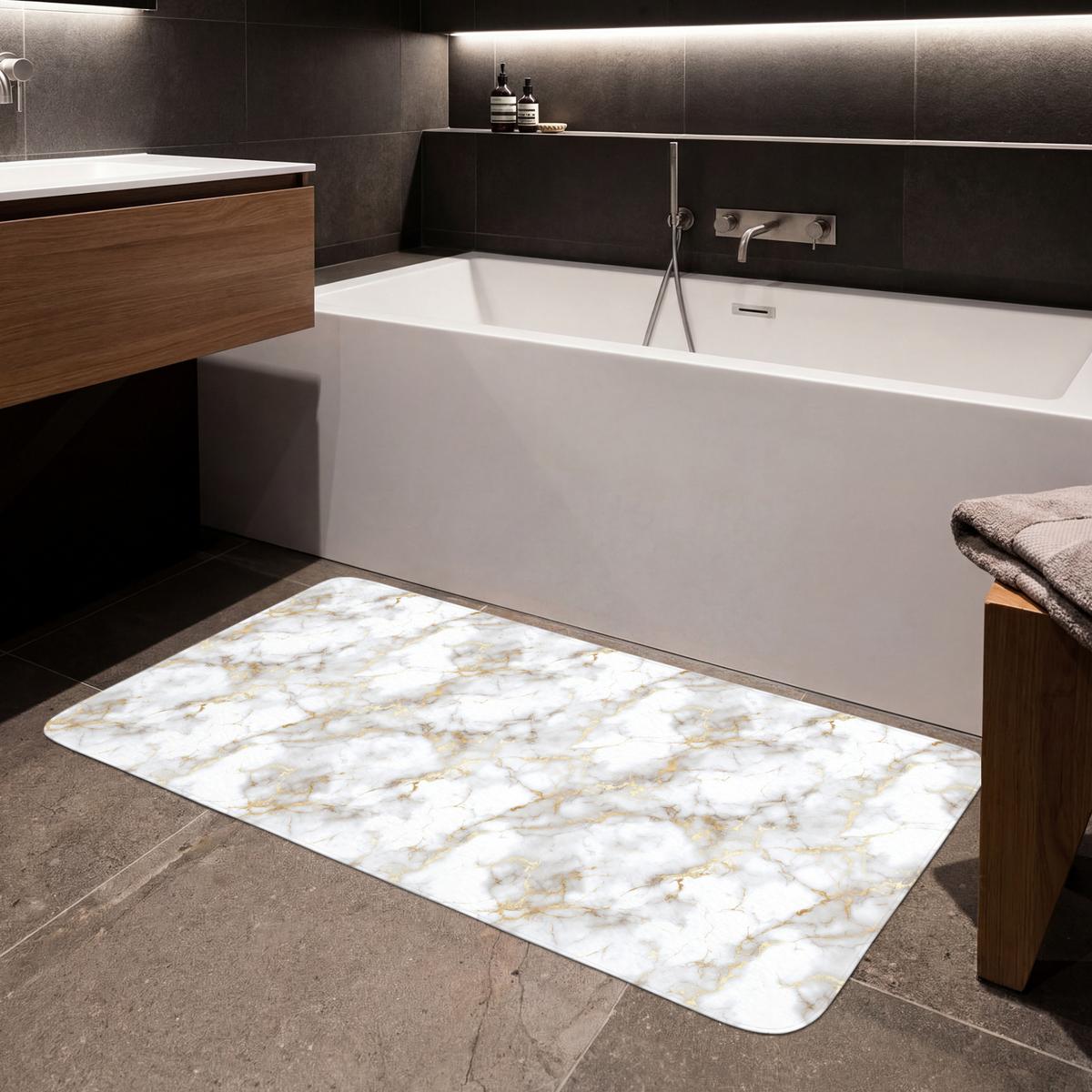 BADEMATTE Goldene Adern - Marmor - Weiß 120x60 cm - Weiß, Textil (120/60cm) - OnlyWow