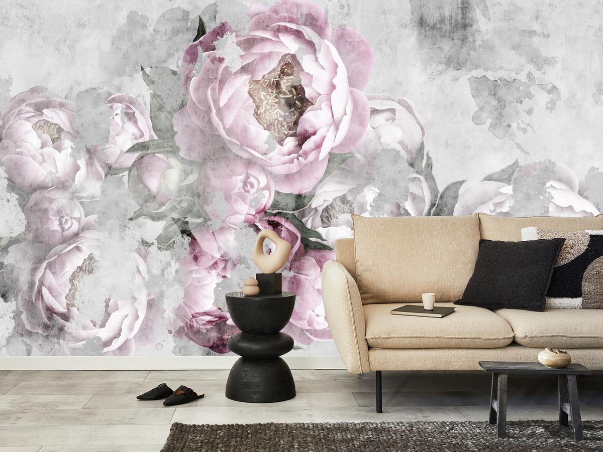 FOTOTAPETE für Küche Abstrakte Pink Pfingstrosen Beton Vintage 150x105 - Rosa/Grau, Papier (150/105cm) - Muralo
