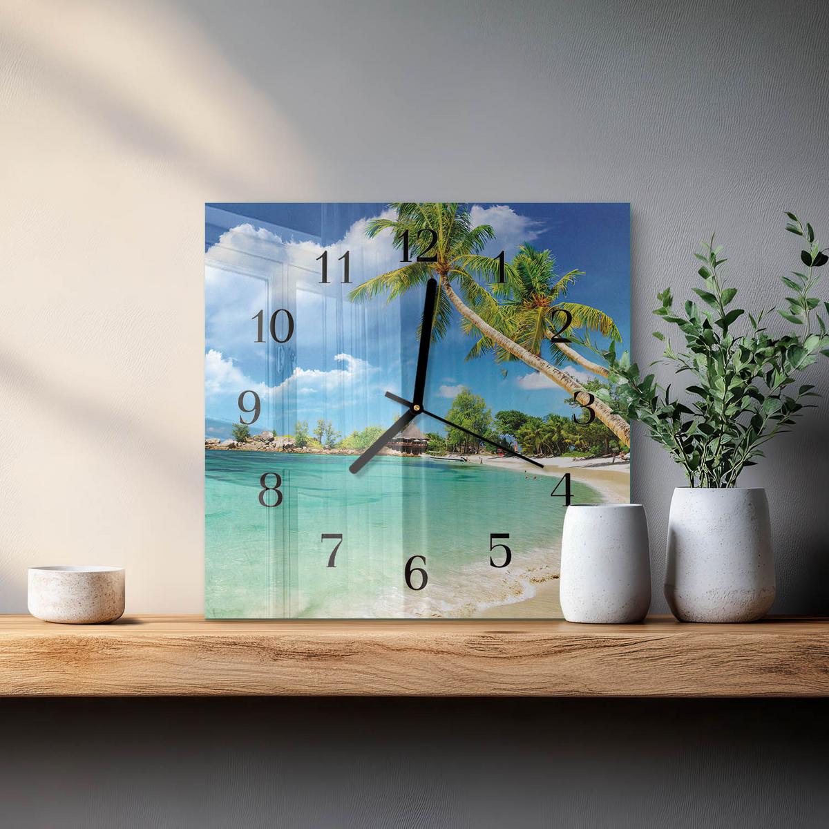 WANDUHR aus Glas 30x30 cm - Strandpalmen - Grün, Glas (30/30/0.4cm) - TULUP