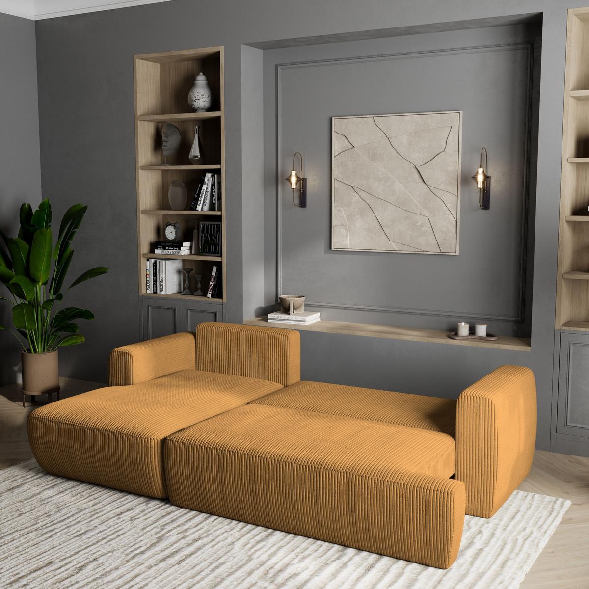 ECKSOFA SENTI P L-S Gelb Kordstoff mit Schlaffunktion - Gelb/Schwarz, Holz/Kunststoff (246/148cm) - MASSENO