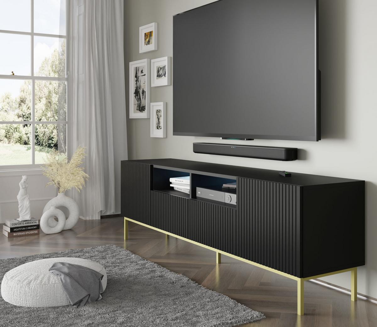 TV LOWBOARD Schwarz, Schwarz, Gold 200/58/42 - Schwarz, Holzwerkstoff (200/58/42cm) - RAUMHIRSCH FURNITURE